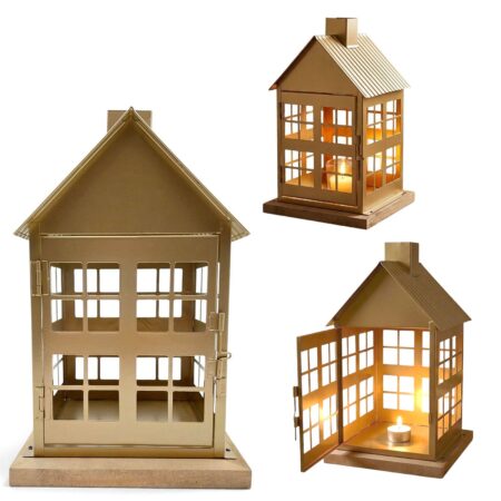 Metalowy lampion złoty domek 30 cm latarnia dekoracyjna